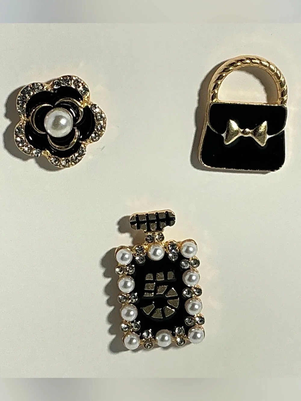 Fashion Brooch Pin Lot of 3 | Perfume Bottle, Handbag & Flower Pearl Gold Tone P